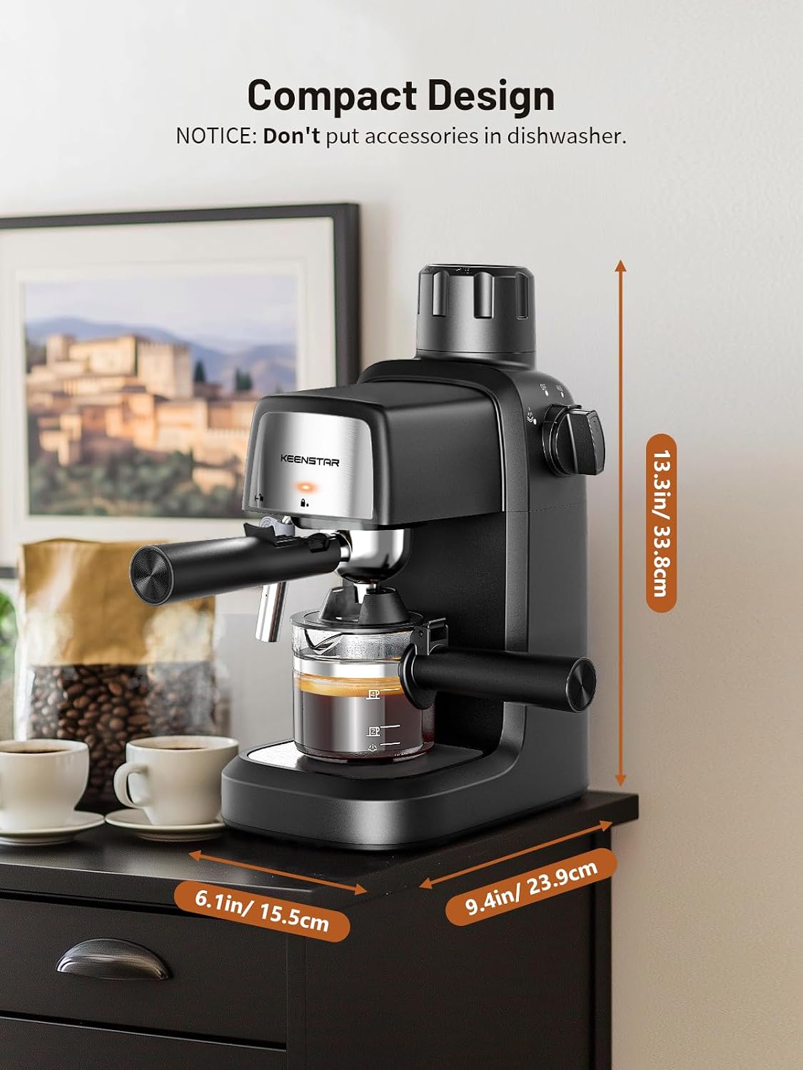 3.5Bar Espresso Machine 800W, Compact 4-Cup Espresso Maker Preheat | Fast Heating, Milk Frother Steam Wand, Espresso