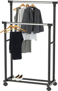 Double Rods Clothing Hanging Rack on Wheels, Black | Metal Rolling Garment Rack