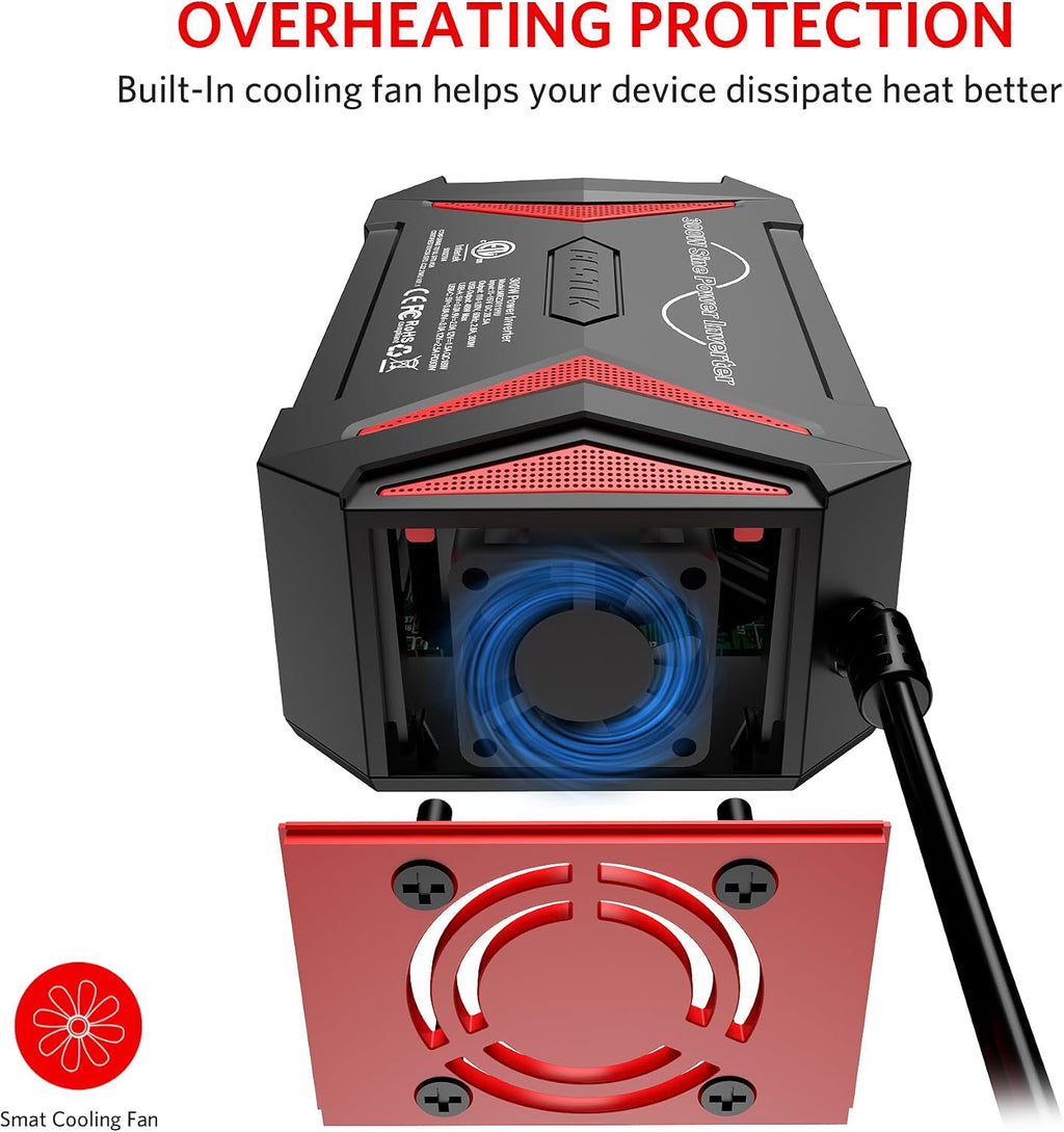 300W Pure Sine Wave Power Inverter - DC 12V to 110V AC Car Converter Plug Adapter Outlet with PD30W USB-C Fast