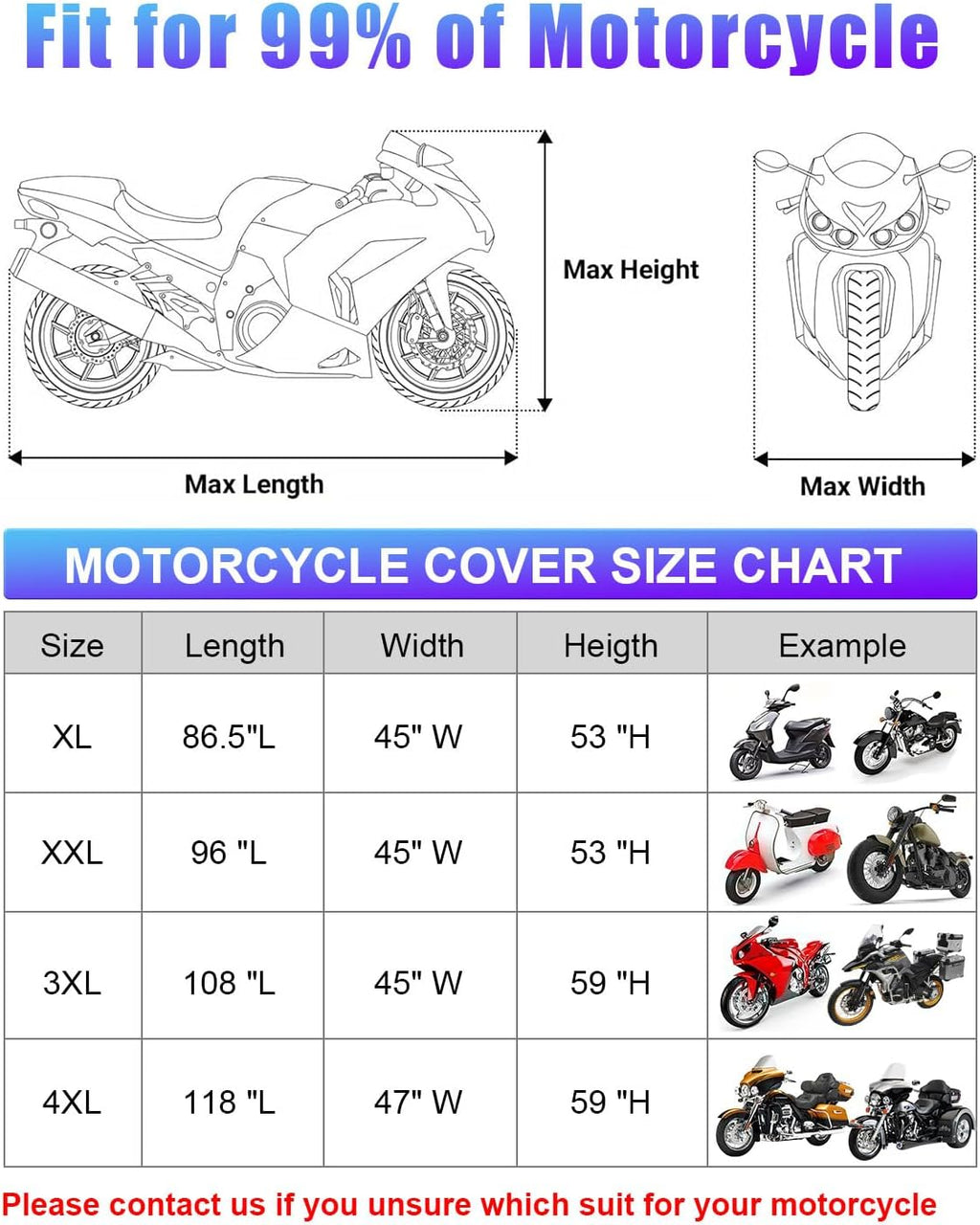 Full Enclosed Motorcycle Cover Waterproof Outdoor Length up to 108"