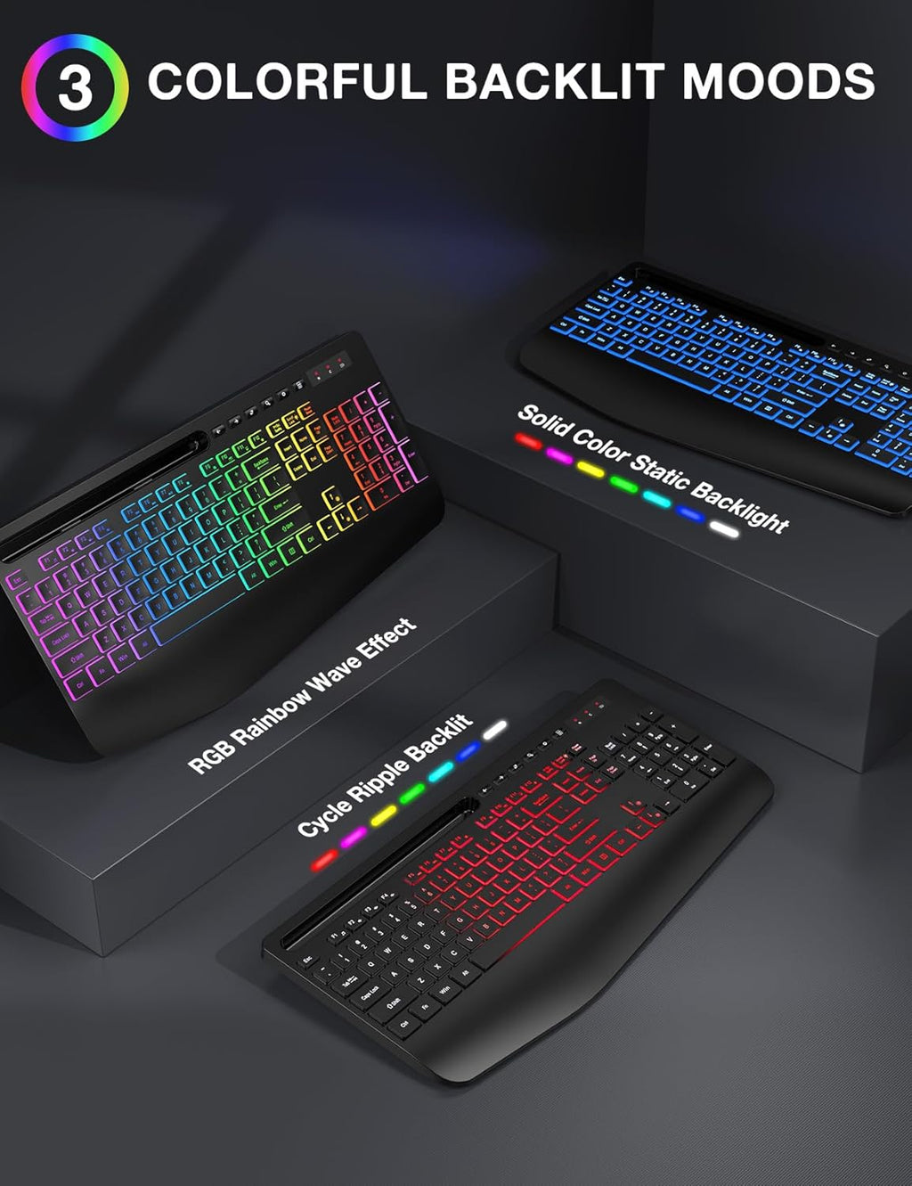 Wireless Keyboard and Mouse Combo - 9 Backlit Effects, 2.4GHz | Ergo Wrist Rest, Phone Holder, Full Size