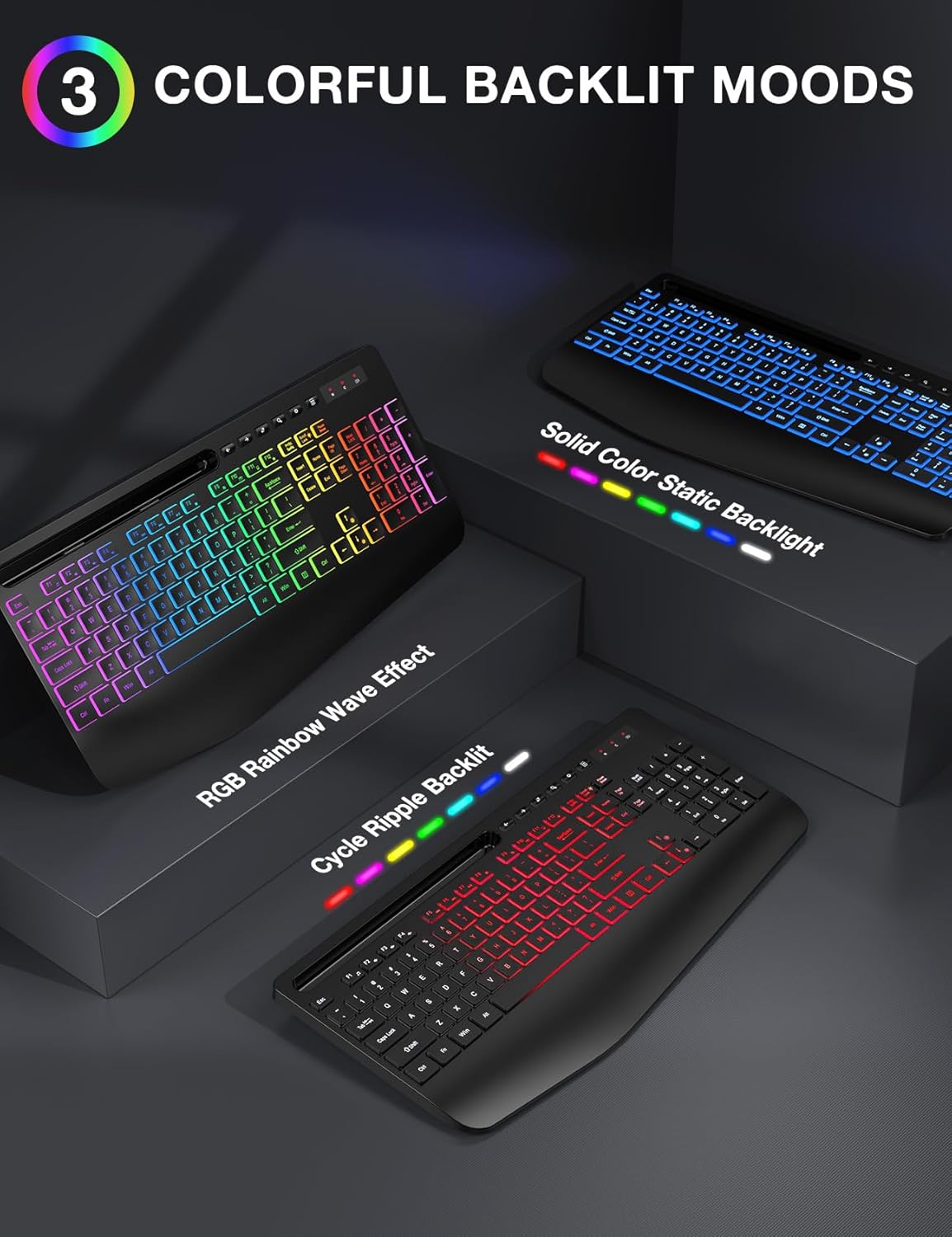 Wireless Keyboard and Mouse Combo - 9 Backlit Effects, 2.4GHz | Ergo Wrist Rest, Phone Holder, Full Size
