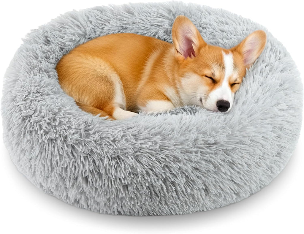 Calming Donut Dog and Cat Bed for Indoor Cats, Anti-Anxiety Round Fluffy Soft Washable Small Pet Bed for Puppy and