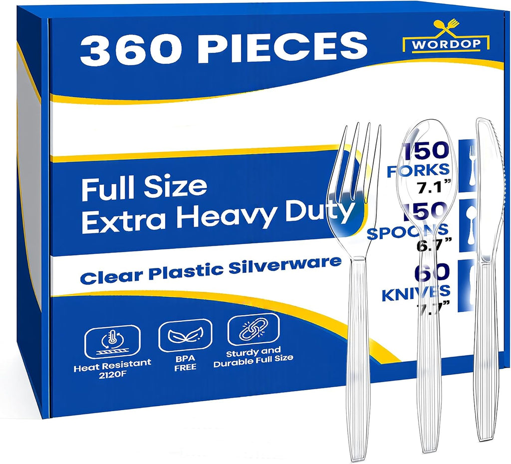 360 Count Extra Heavy Duty Plastic Silverware Set – Heat Resistant & BPA Free Disposable Silverware Cutlery 150