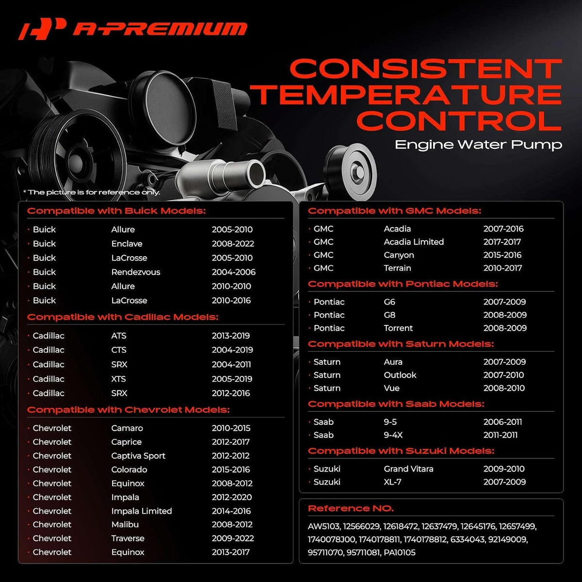 A-Premium Engine Water Pump (DOHC 3.6L 3.0L 2.8L) Compatible with GM Cars