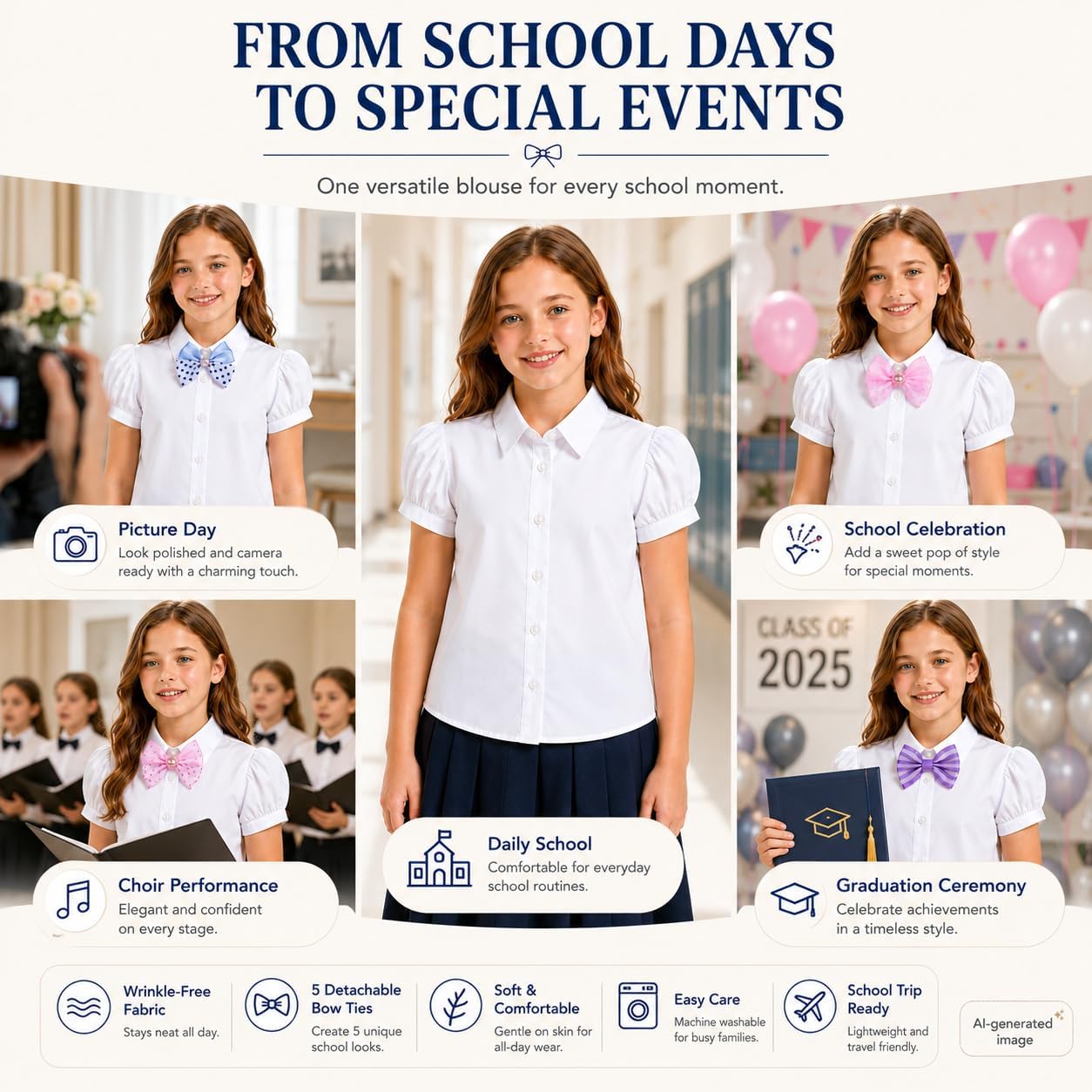 Wrinkle-Free White Girls Blouse: School Uniform 5 Bow Ties Shirt | Ages 6-13, students, classroom days, picture day