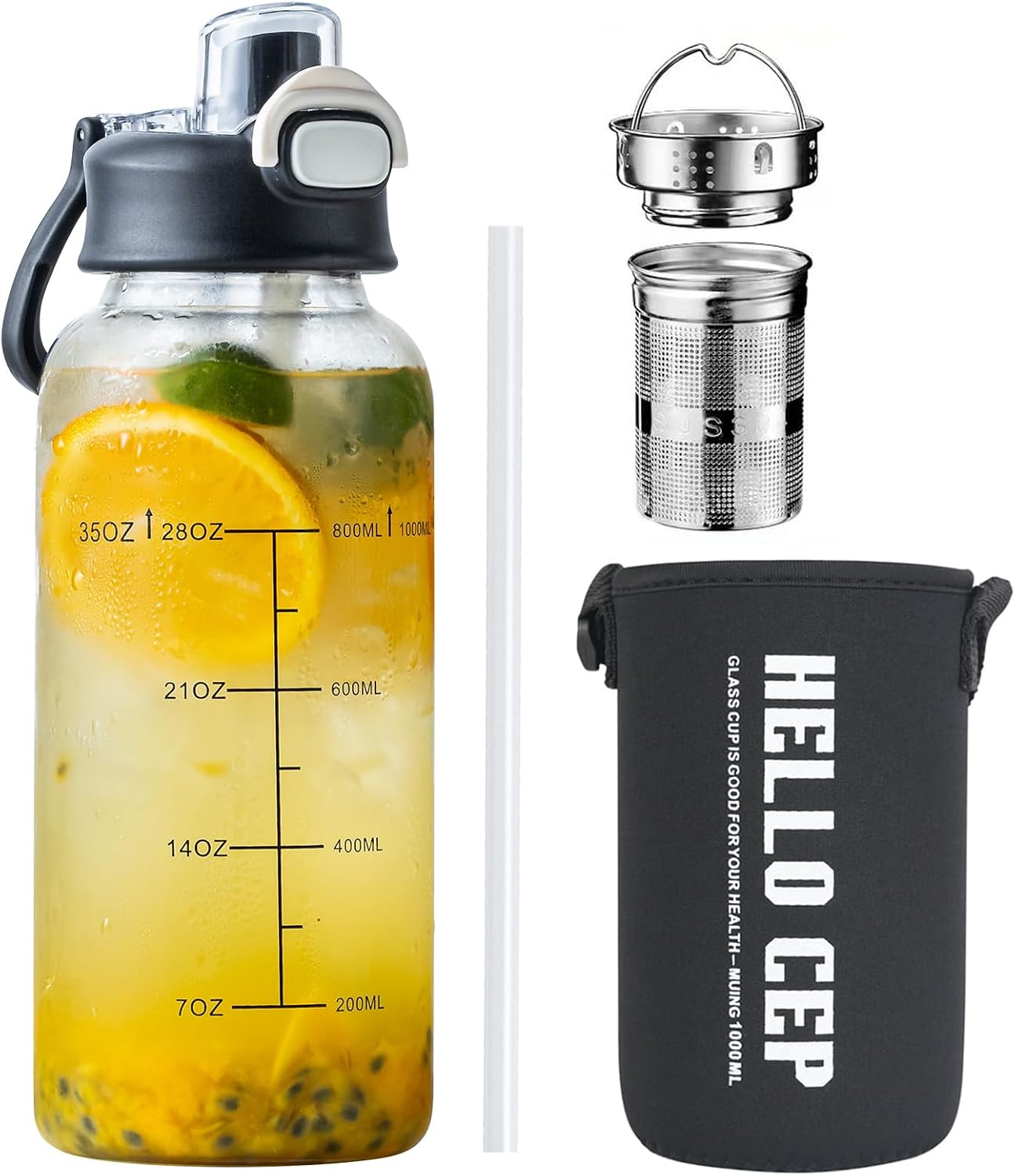 35oz Glass Water Bottles with Time Marker & Straw, BPA-Free Leakproof Glass Drinking Bottles with Protective Sleeve &