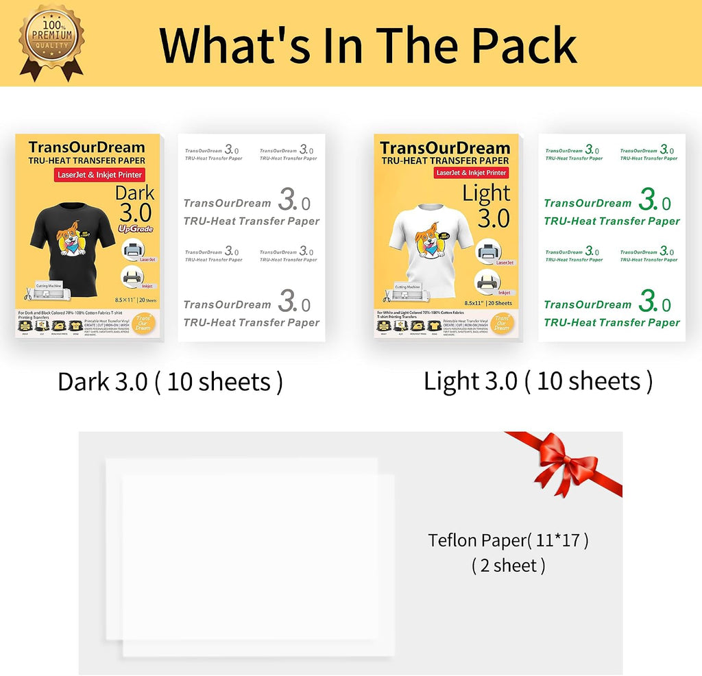 Iron on Heat Transfer Paper for Dark and Light T Shirts (10+10 Sheets, 8.5x11, Mix Pack) Printable HTV Heat Transfers