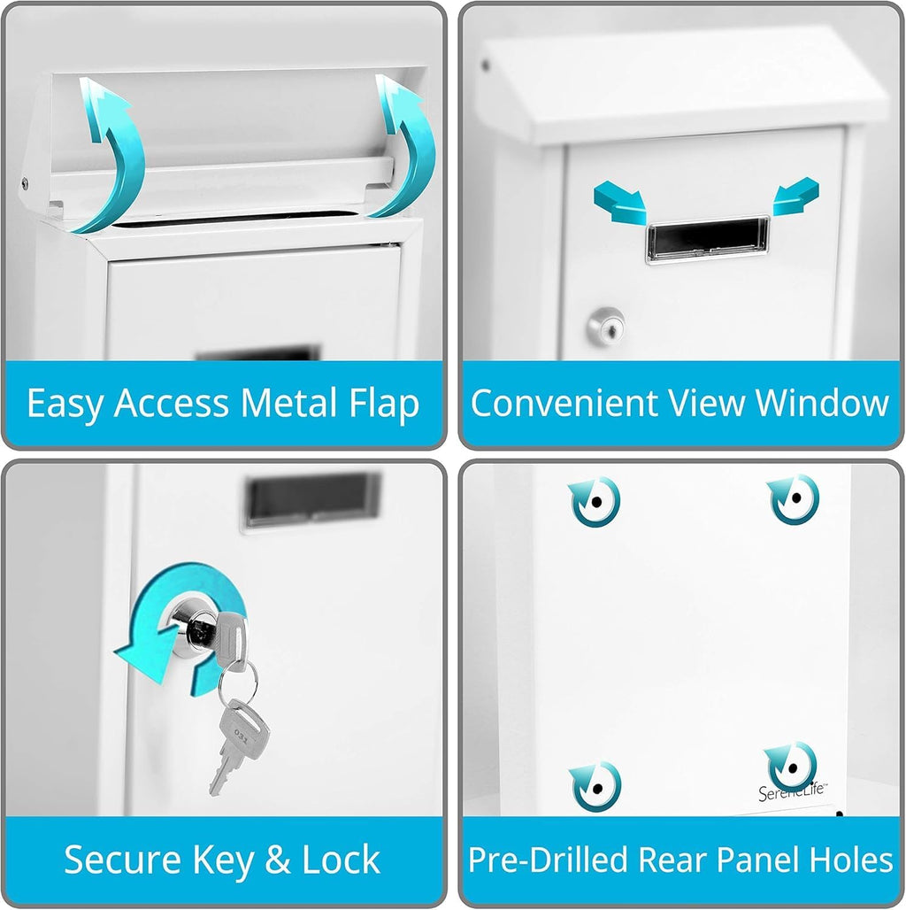 Weatherproof Wall Mount Locking Mailbox Galvanized Steel Drop Box with Metal Flap for Mail Letters, Newspaper, Money