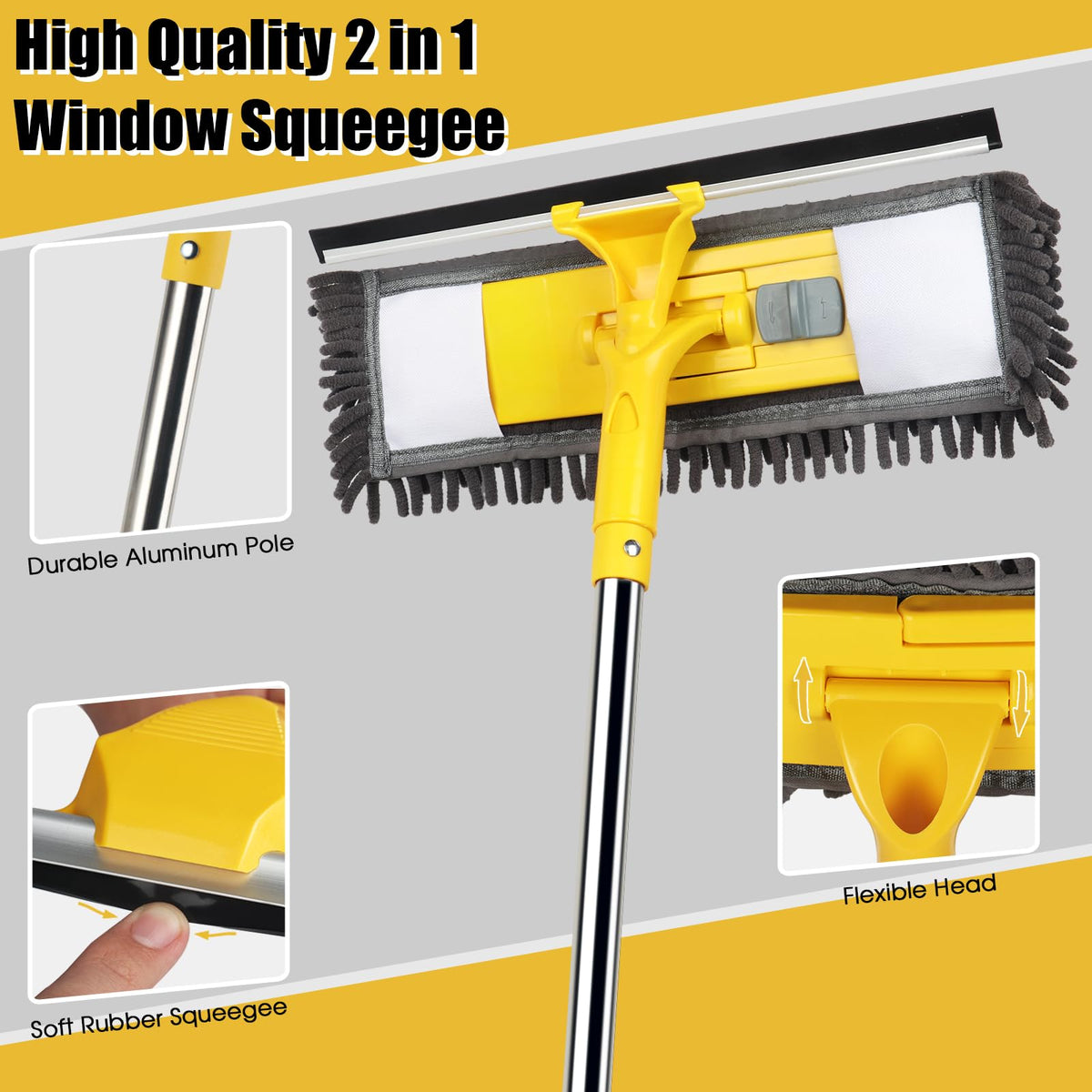 96" Long Handle Window Wall Cleaner Tool with Extension Pole,2 in 1 Large Window Squeegee with Cleaning Mop Tools Kit