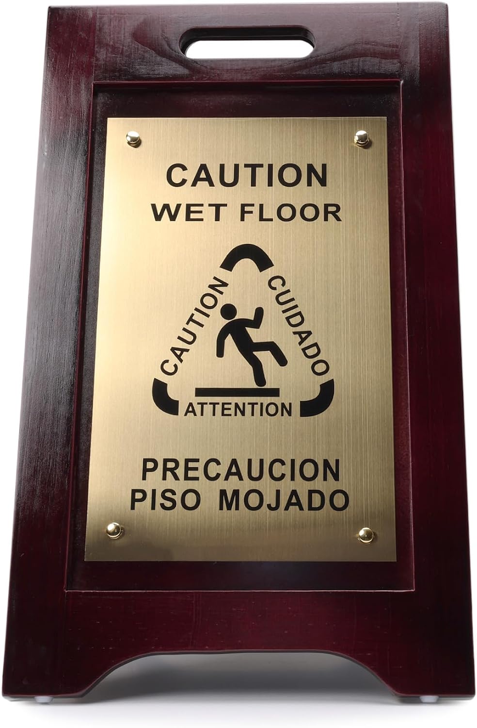 Wooden Caution Wet Floor Sign, Bilingual, Non-Skid Feet, Brass Plate | Premium wet floor sign w/ bilingual warning
