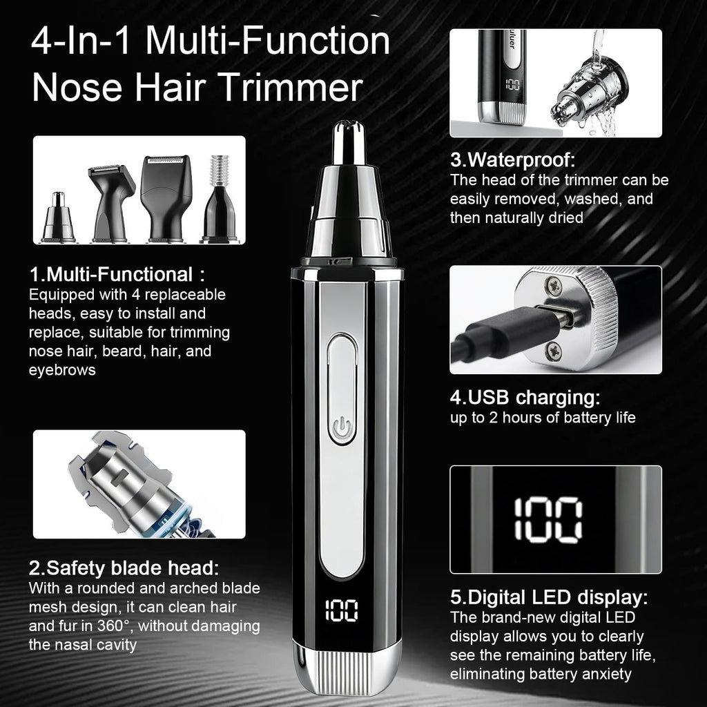 Nose Hair Trimmer for Men and Women: 4-in-1 Rechargeable Grooming Kit for Nose, Ear, Eyebrow & Beard, LED Display