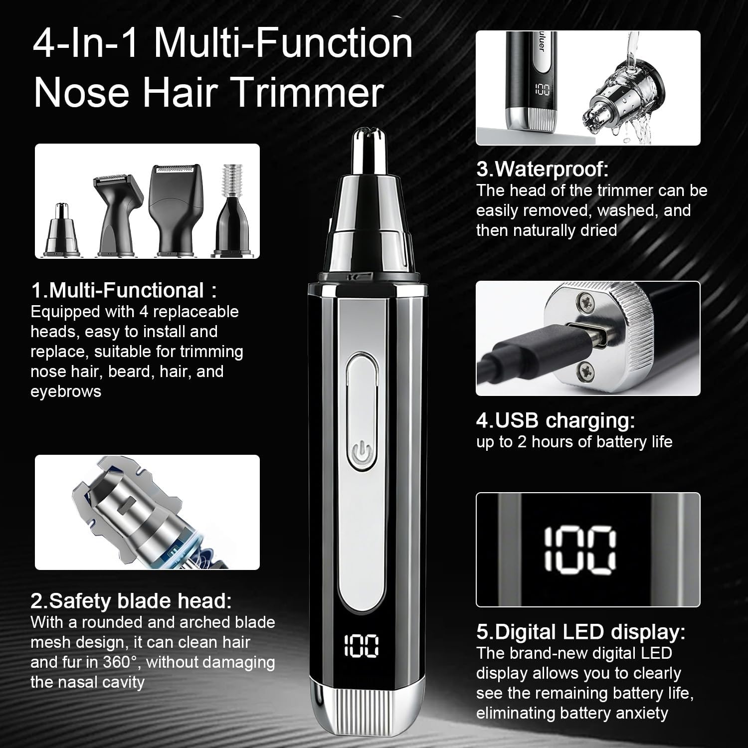 Nose Hair Trimmer for Men and Women: 4-in-1 Rechargeable Grooming Kit for Nose, Ear, Eyebrow & Beard, LED Display