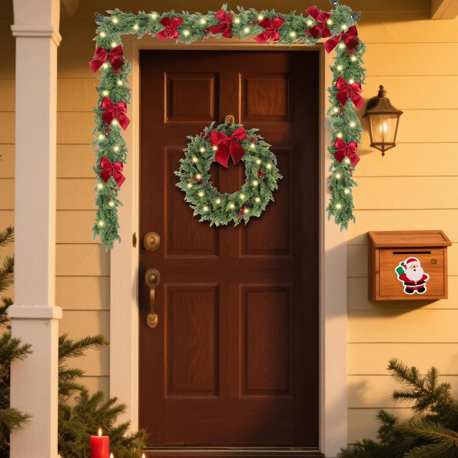 9ft Pre-Lit Real Touch Cedar Christmas Garland with Lights | Lighted Cypress Garland for Mantle,Greenery Christmas