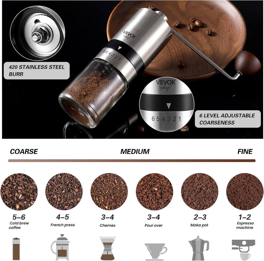 Manual Coffee Grinder Stainless Steel Burr Grinder 6 External Adjustable Setting Vintage Hand Coffee Grinder Portable