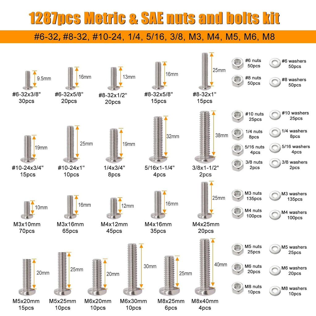 2002PCS Hardware Assortment Kit, 304 Stainless Steel Metric & SAE Screw Assortment