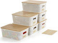 Small Plastic Storage Bins with Bamboo Lids 5.2qt Stackable Box Basket Pantry Decorative Containers Cute with Labels