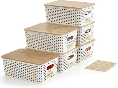 Small Plastic Storage Bins with Bamboo Lids 5.2qt Stackable Box Basket Pantry Decorative Containers Cute with Labels