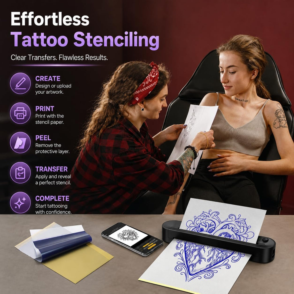 Tattoo Stencil Printer, Bluetooth Thermal Printer with Save Custom Templates, Multi Sizes ≤ A4, Tattoo Transfer