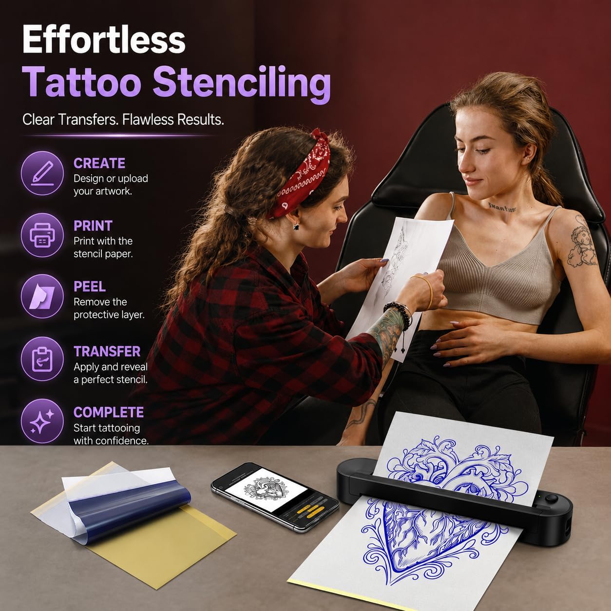 Tattoo Stencil Printer, Bluetooth Thermal Printer with Save Custom Templates, Multi Sizes ≤ A4, Tattoo Transfer