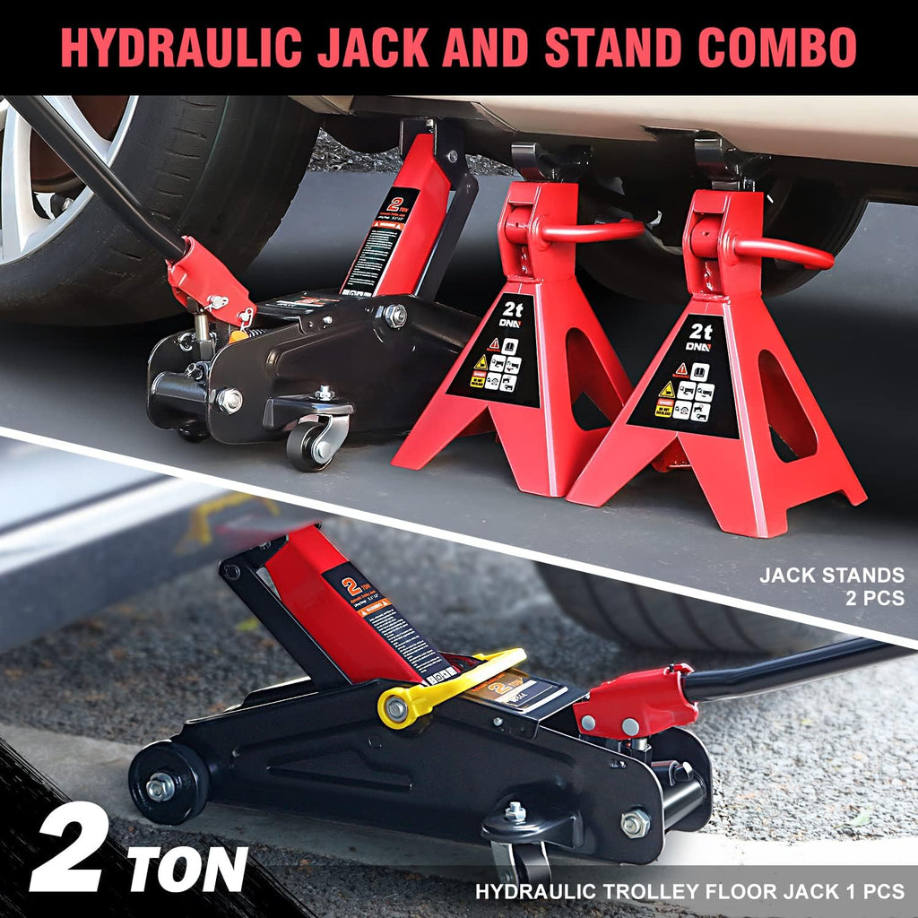 2 Ton Car Jack and Stands Kit Red/Black | 2T(4000 lbs) Capacity Low Profile Hydraulic Trolley Service/Floor Jack