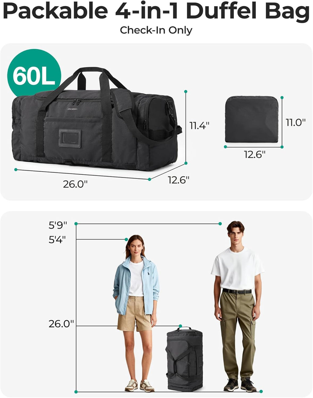 BAGSAMRT 60L Foldable Duffle Bag for Travel, Large Travel Duffel Bag for Men, 4 in 1 Travel Backpack, Carry on