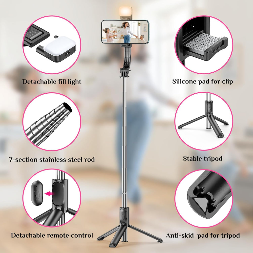 Selfie Stick Tripod with Fill Light, All in One Extendable Selfie Stick with Detachable Wireless Remote, Flexible