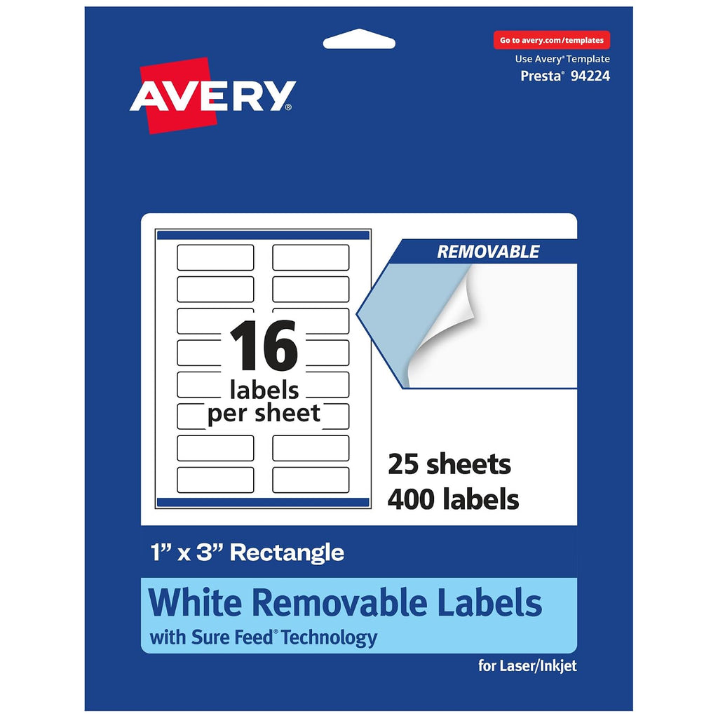 Matte White Removable Rectangle Labels, Sure Feed Technology, Print-to-The-Edge, 1" x 3", 400 Removable Labels