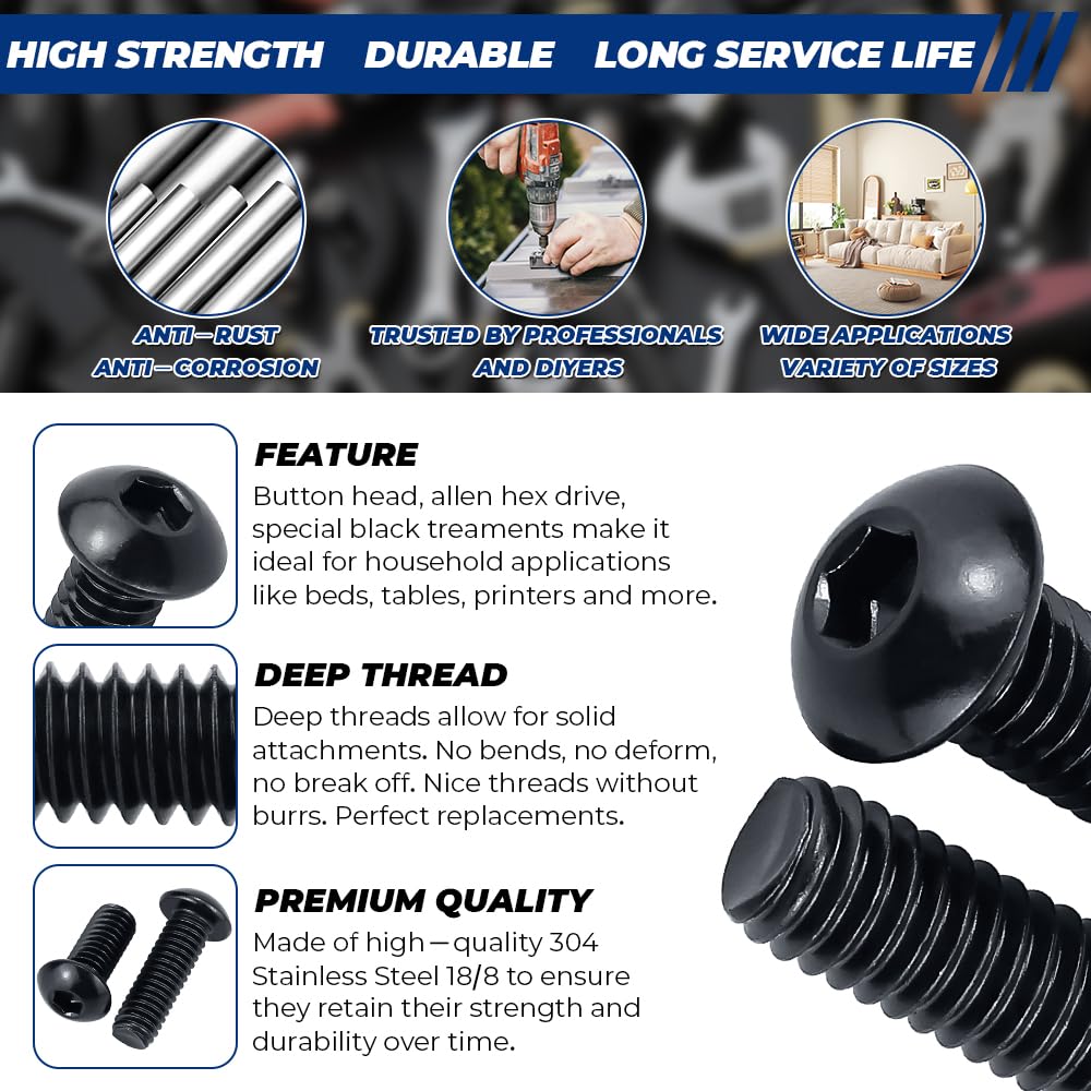 3/8-16 x 3 Stainless Button Socket Cap Head Screws 10 Pcs, 18-8 (304) Stainless Steel, Allen Hex Drive Button Head, Full Thread, Black Oxide Coated, Fayeploo (with Hex Wrench)