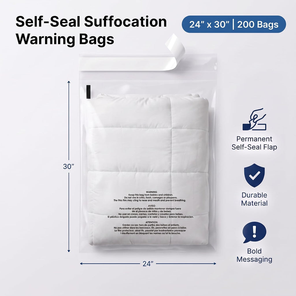 24" X 30" (200 Count) Self-Seal Clear Poly Bags With Suffocation Warning