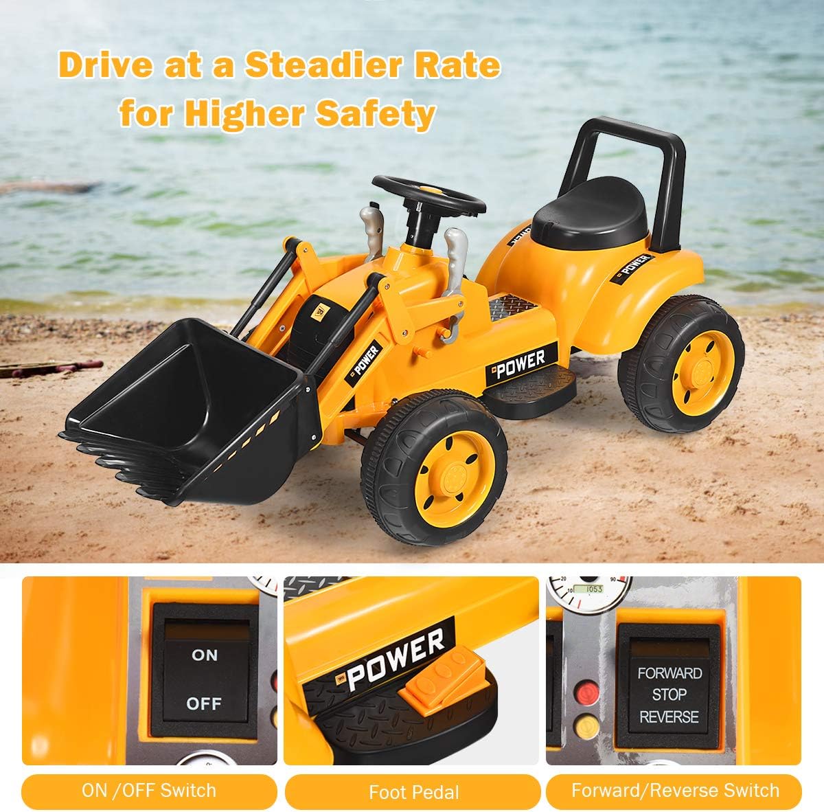 FFlyer Kids Ride on Excavator, 6V Battery-Powered Loader Digger w/Controllable Digging Bucket, Horn &