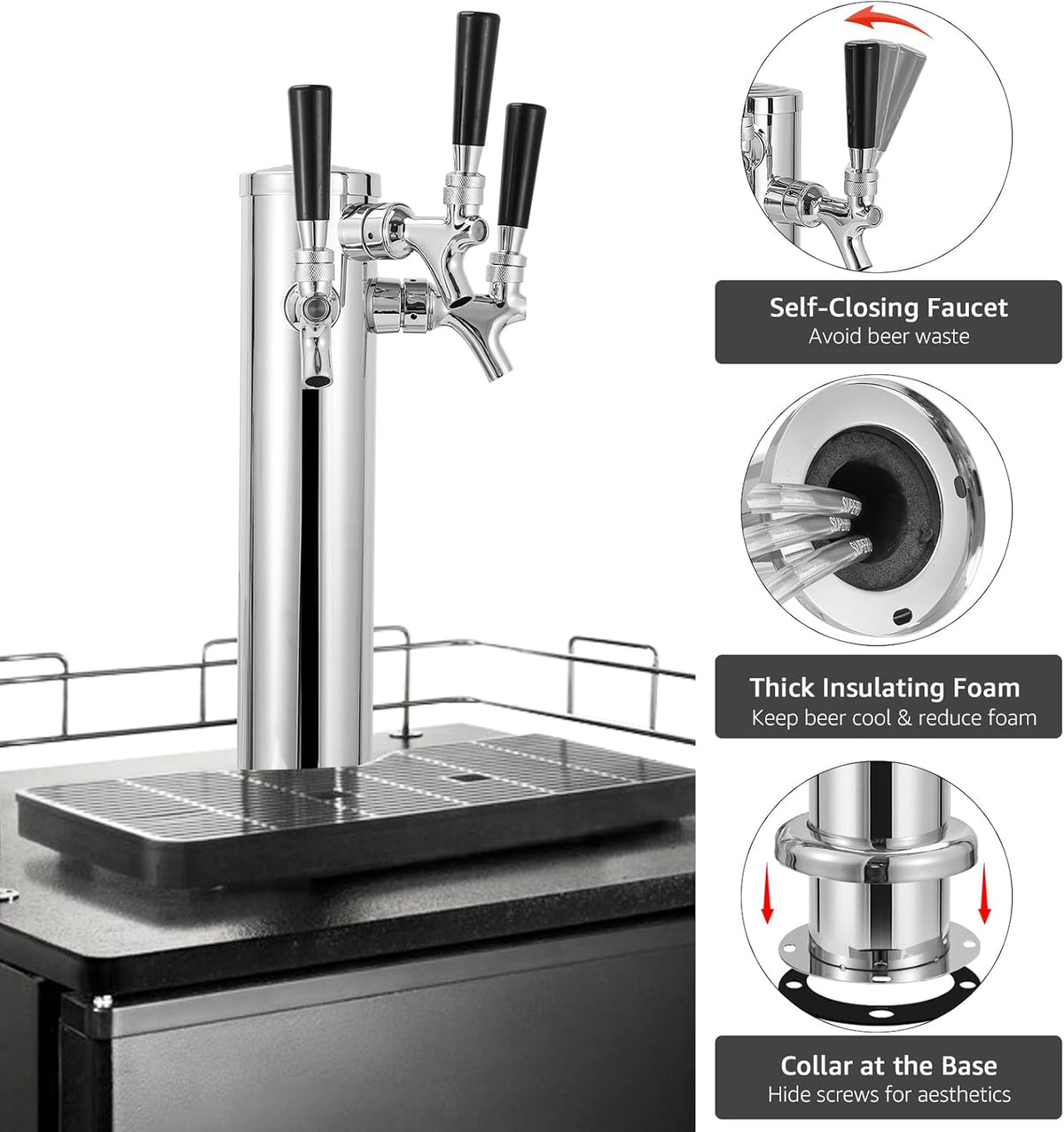 3 Tap Tower Kegerator Beer Tower, Keg Tower for Draft Beer System