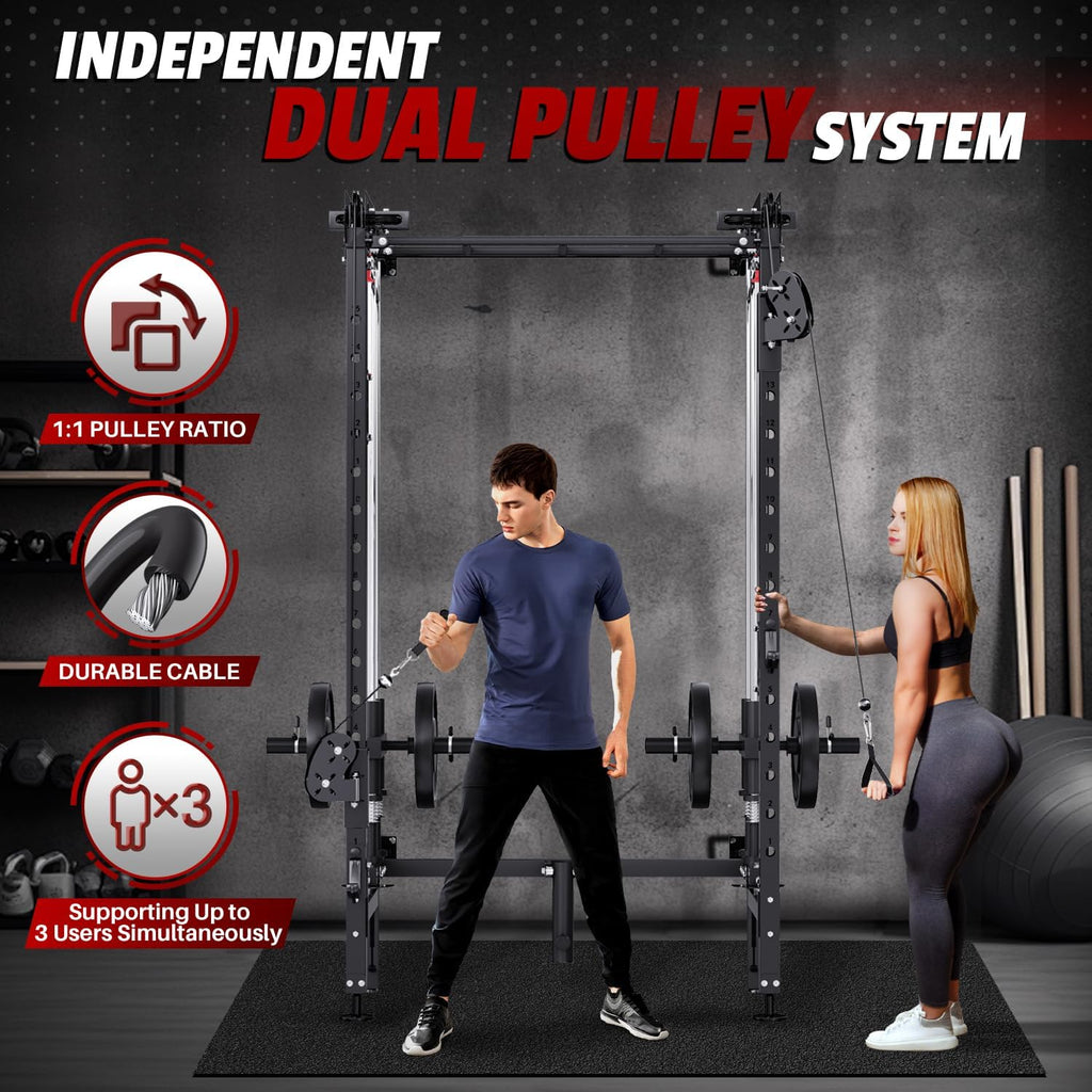 Folding Squat Rack, Wall Mounted Power Rack with Dual Pulley System | Space Saving, All-in-one Trainer, with Cable
