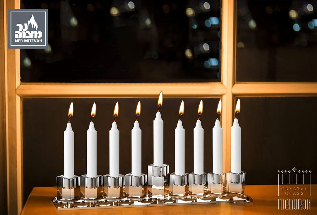 Crystal Glass Hanukkah Menorah, Modern Style Oil and Candle Menorah for Chanukah, Fits Standard Chanukah Oil Cups and