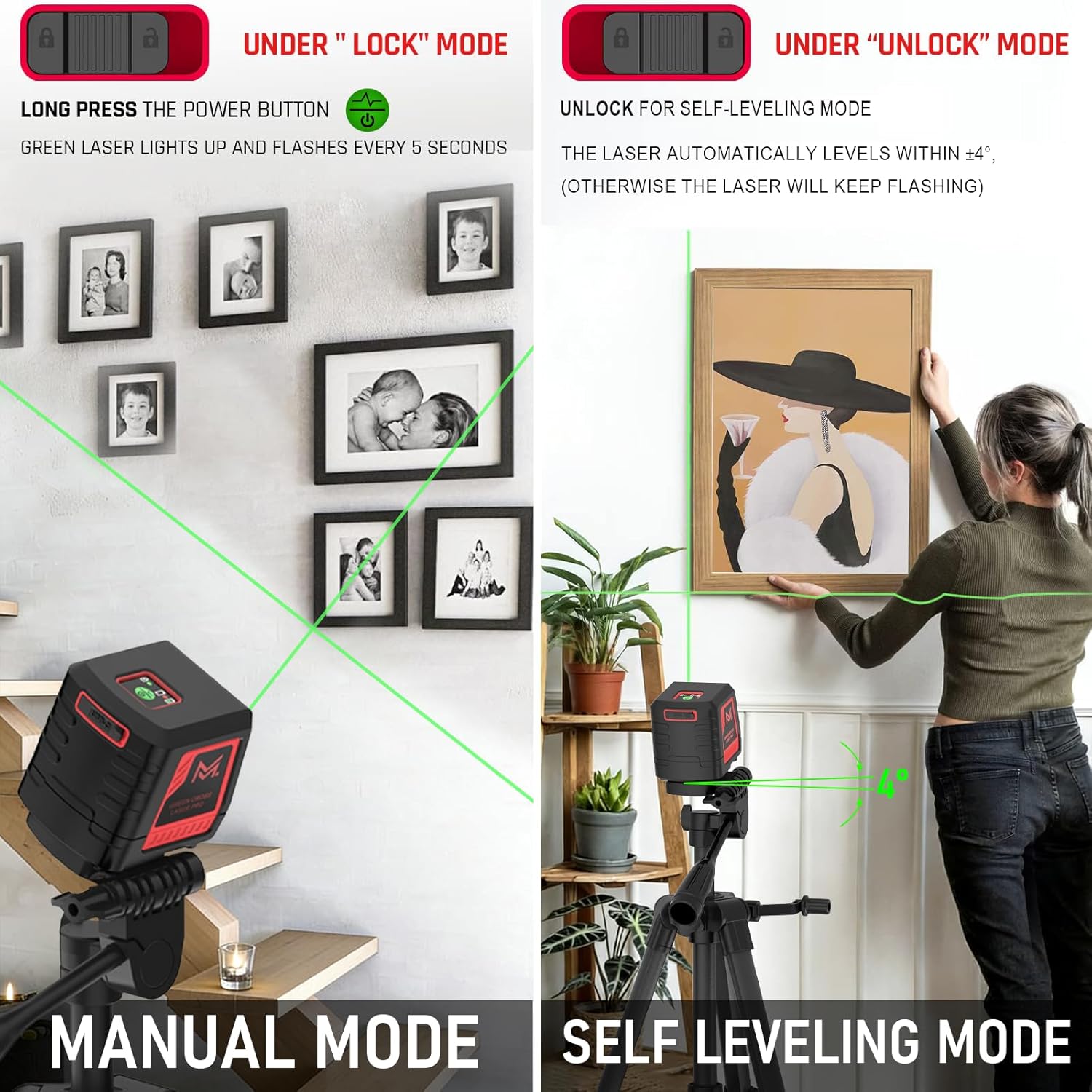 Self Leveling Laser Level 100ft, Green Cross Line with Tripod, 4 Brightness Modes & Pulse Function, Manual &