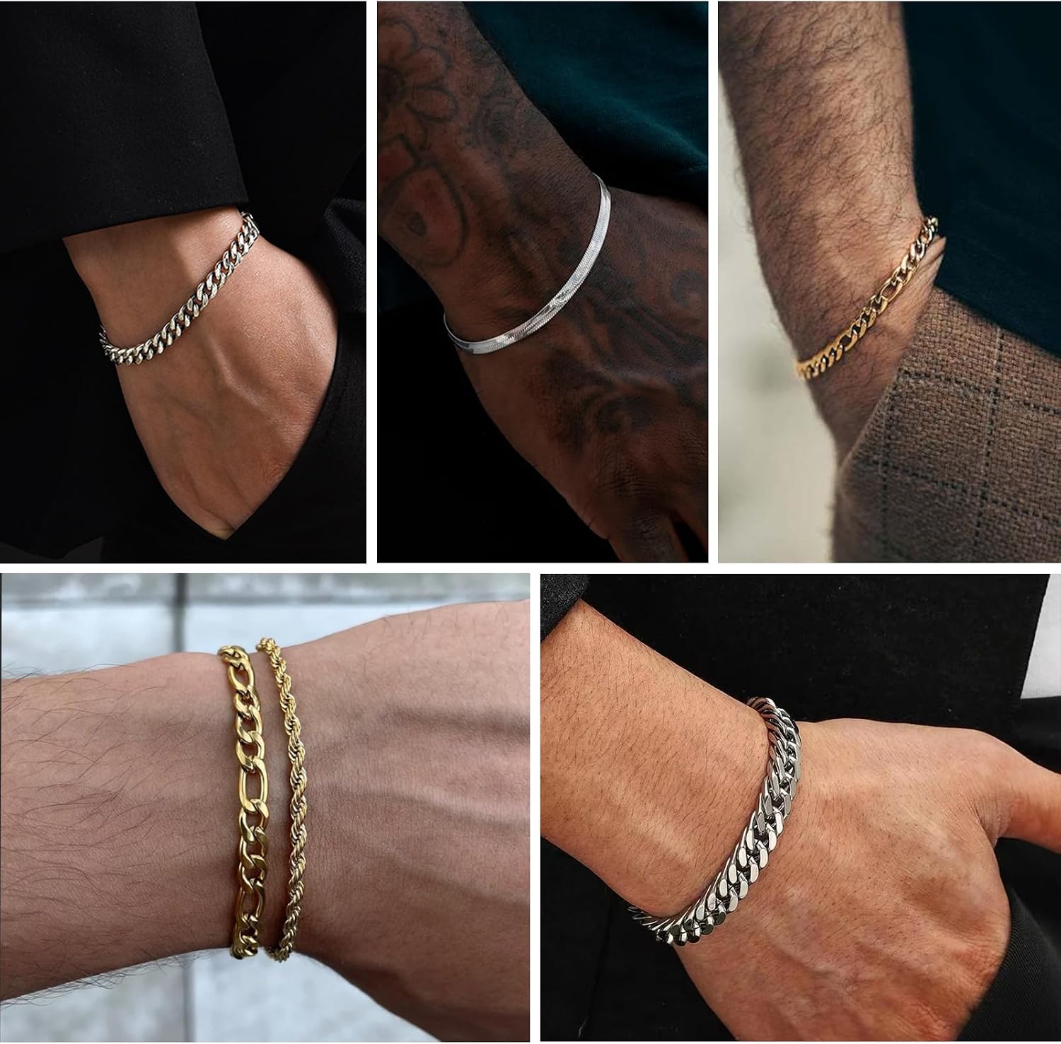6 Pcs Chain Bracelet for Men, Stainless Steel Cuban Curb Link Rope Paperclip Figaro Herringbone Chain Bracelets Set
