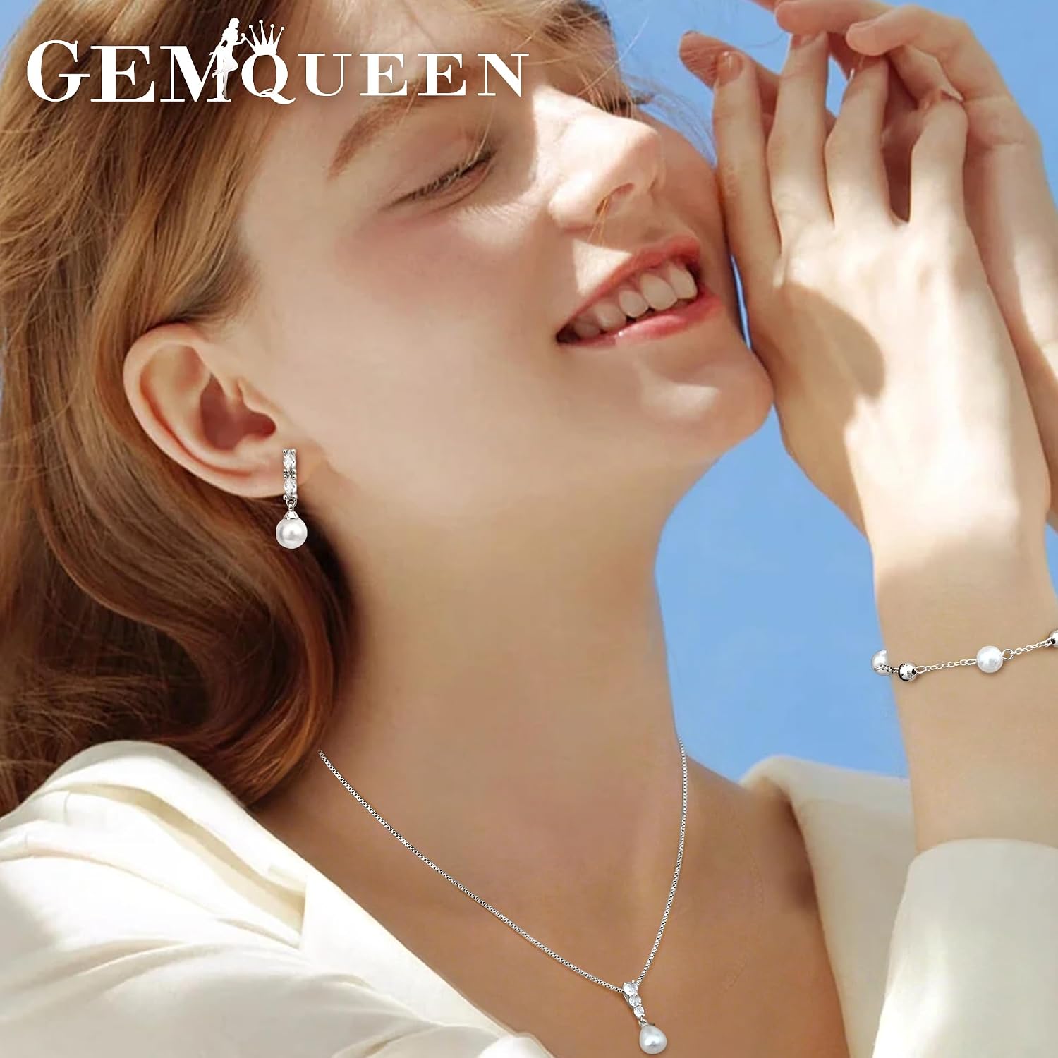 14K Gold Plated Pearl Jewelry Set for Women - 925 Sterling Silver Post Dangle Earrings Dainty Pearl Necklace Bracelet
