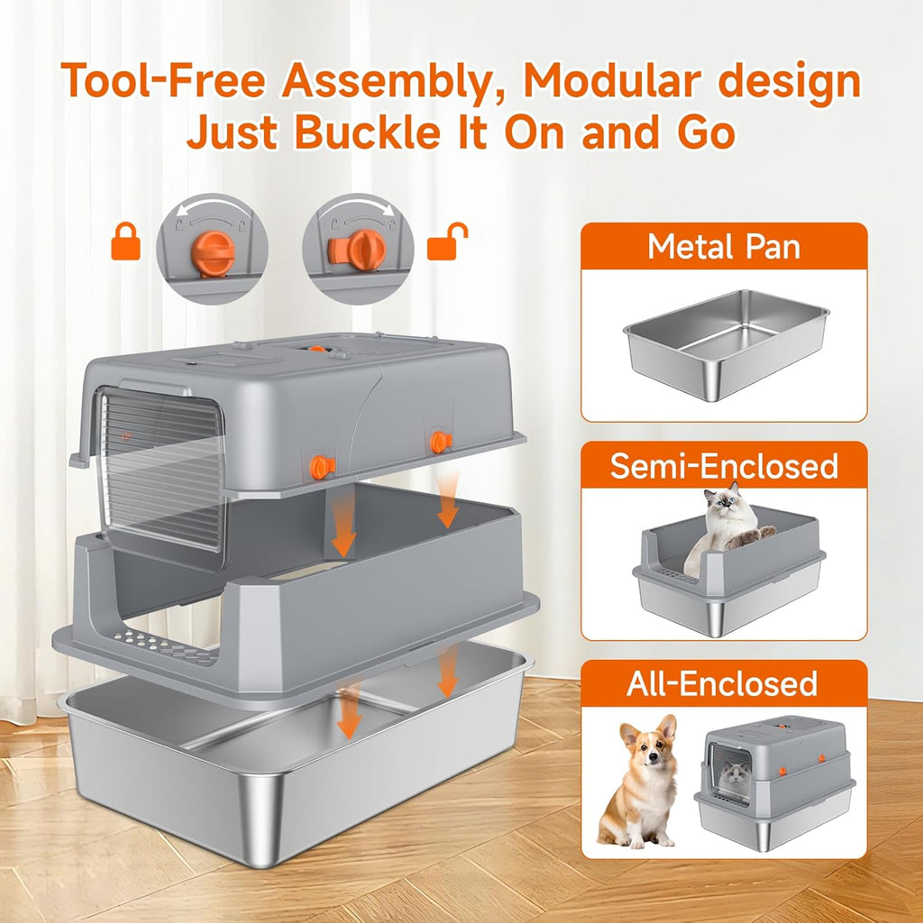 Stainless Steel Litter Box with Lid, High Sided Enclosed Metal Litter Box for Big Cats, Easy Cleaning Anti-Urine