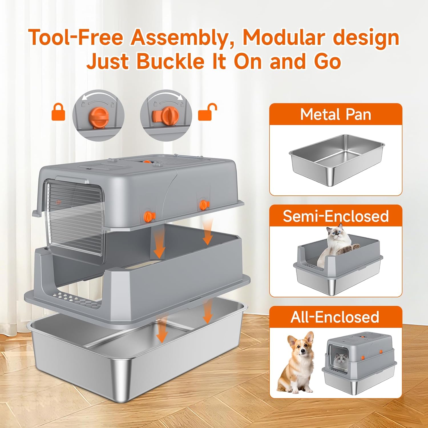 Stainless Steel Litter Box with Lid, High Sided Enclosed Metal Litter Box for Big Cats, Easy Cleaning Anti-Urine