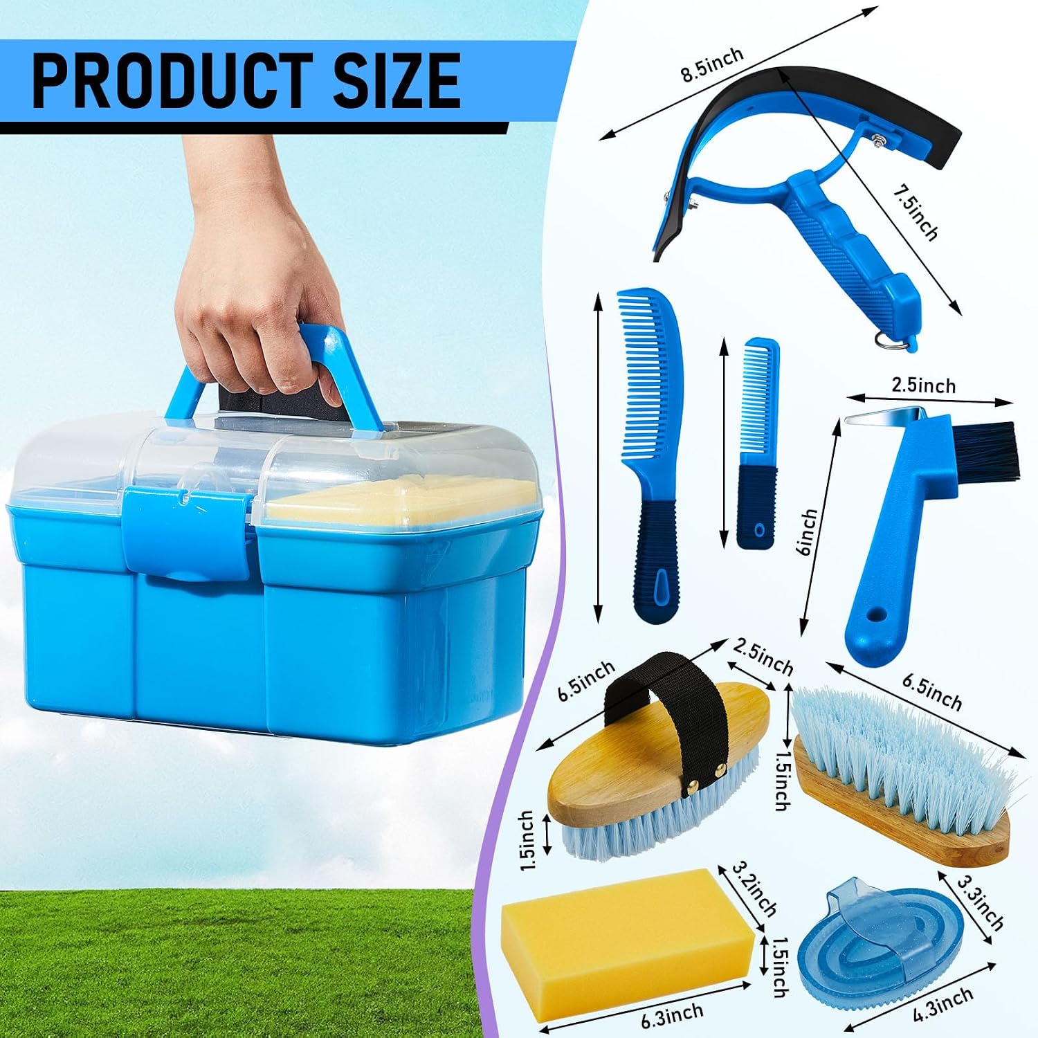 9 Pieces Horse Grooming Kit with Organizer – Curry Comb, Hard & Soft Brushes, Hoof Pick, Sweat Scraper, Sponge –