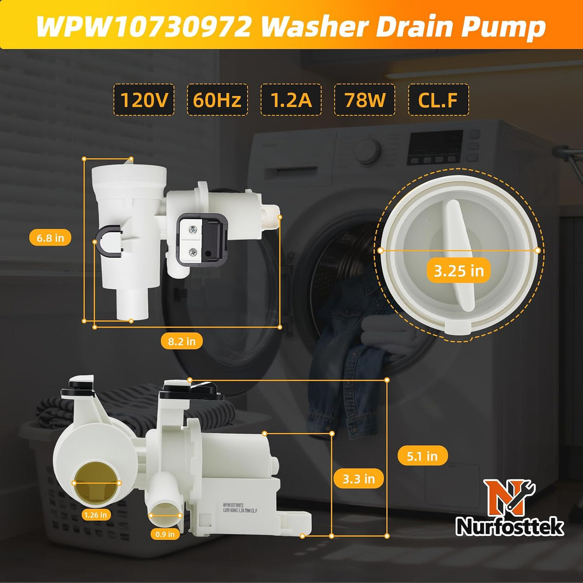 WPW10730972 Washer Drain Pump, Suitable for Whirlpool, Kenmore
