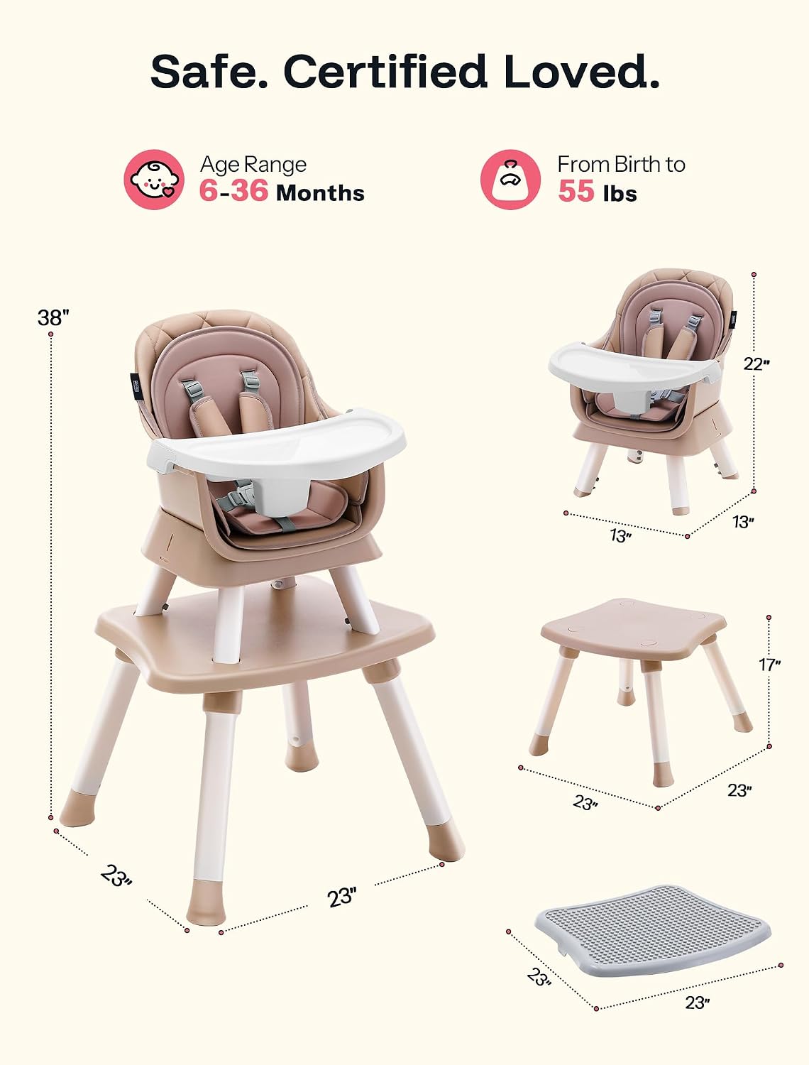 6 in 1 Baby High Chair, Convertible Infant Feeding Chair for Babies & Toddlers Table, Dining Booster Seat with