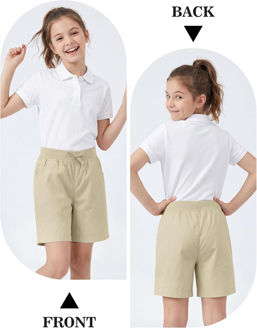 3 Pack Girls School Uniform Bermuda Shorts Pull-on Cotton Chino Elastic Waist Soft Play Shorts with Pockets 5-13Y