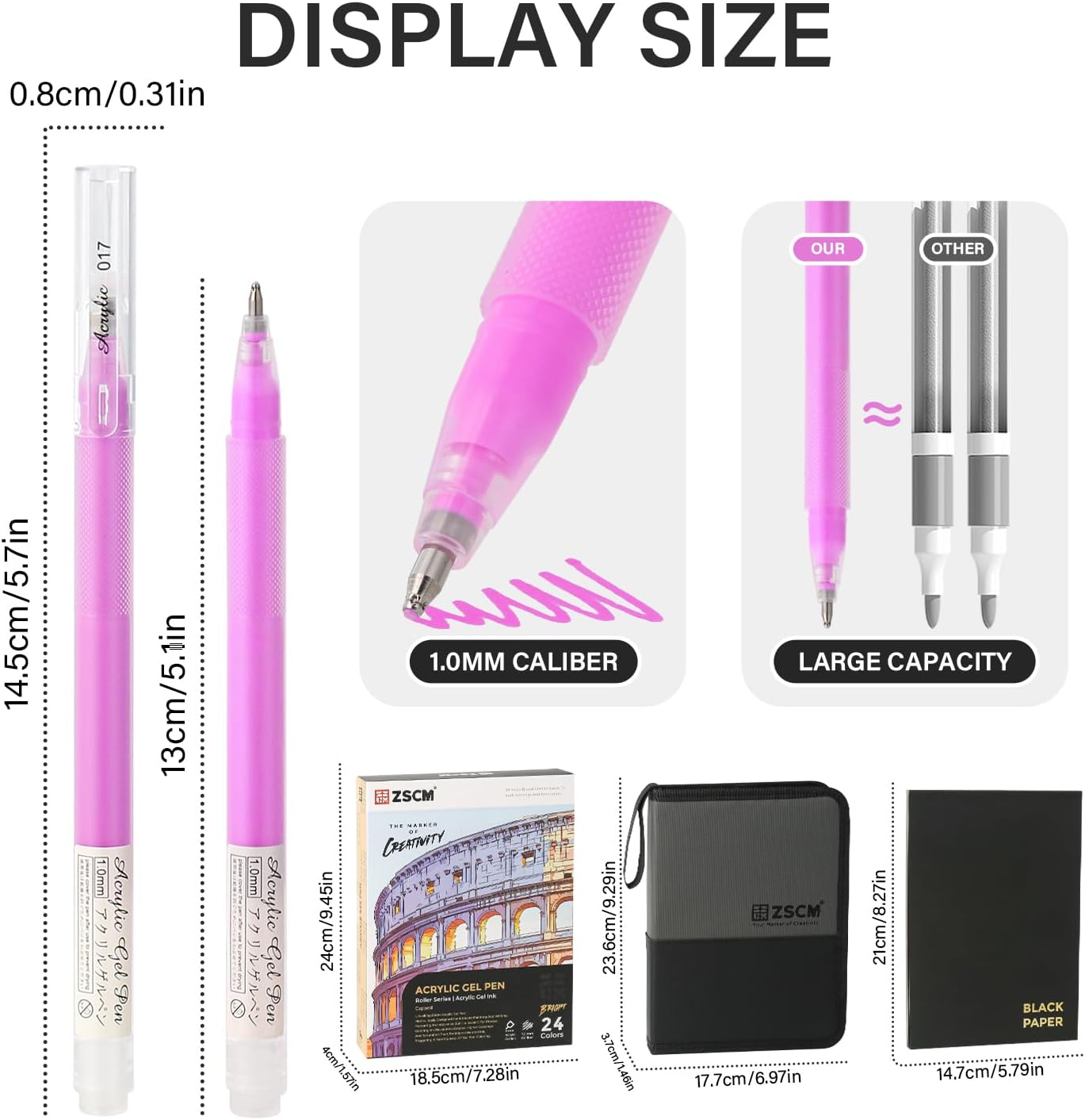 ZSCM 24 Colors 3D Acrylic Gel Pens & Black Paper Sketchbook for Drawing, 1mm Fine Point Acrylic Ink Pen, Opaque