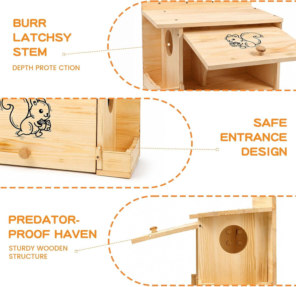 2-in-1 Squirrel House with External Feeder, Carbonized Pine Wood