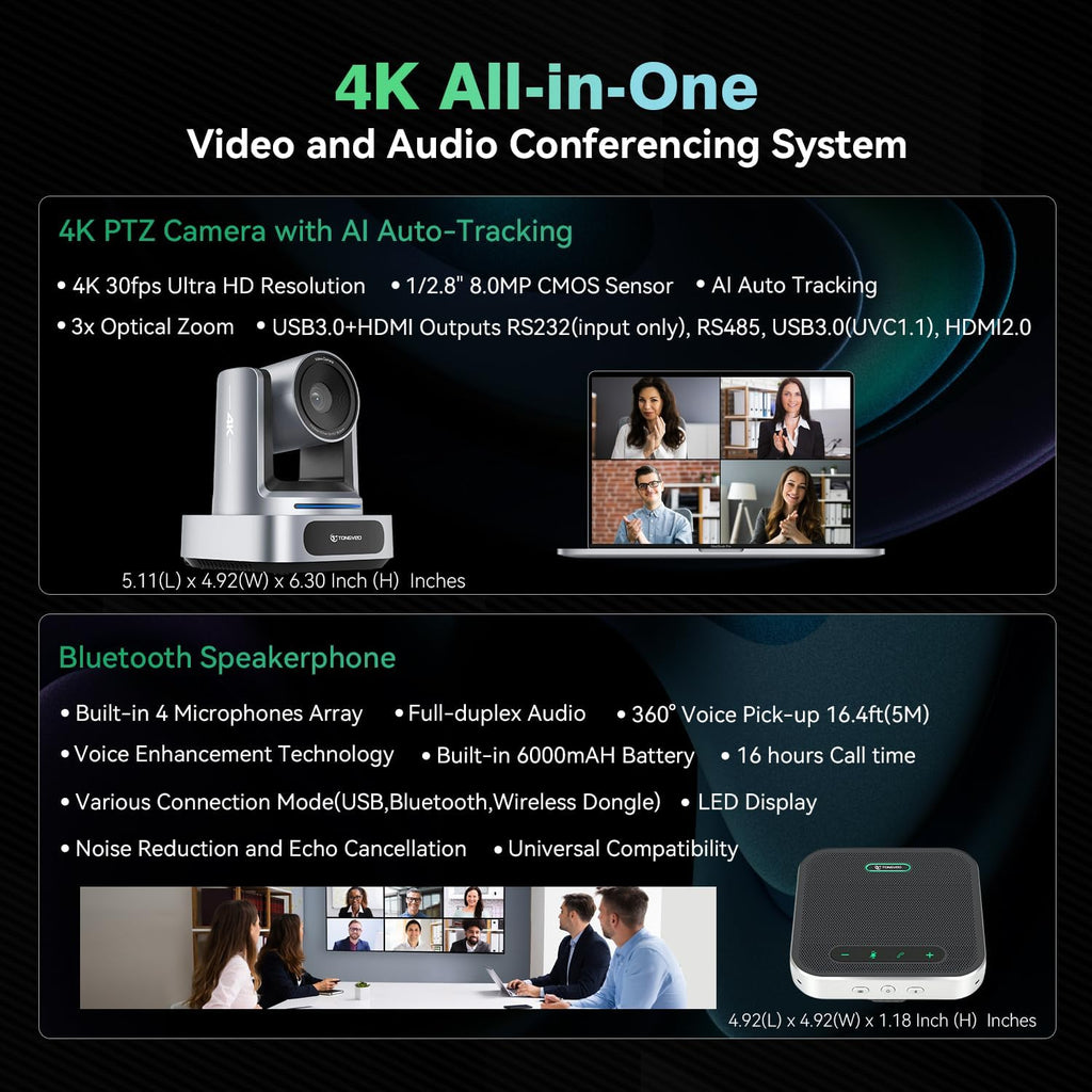 4K Conference Room Camera System, AI Auto-Tracking 4K PTZ Camera 3x Optical Zoom 92° Wide-Angle and Bluetooth