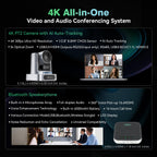 4K Conference Room Camera System, AI Auto-Tracking 4K PTZ Camera 3x Optical Zoom 92° Wide-Angle and Bluetooth