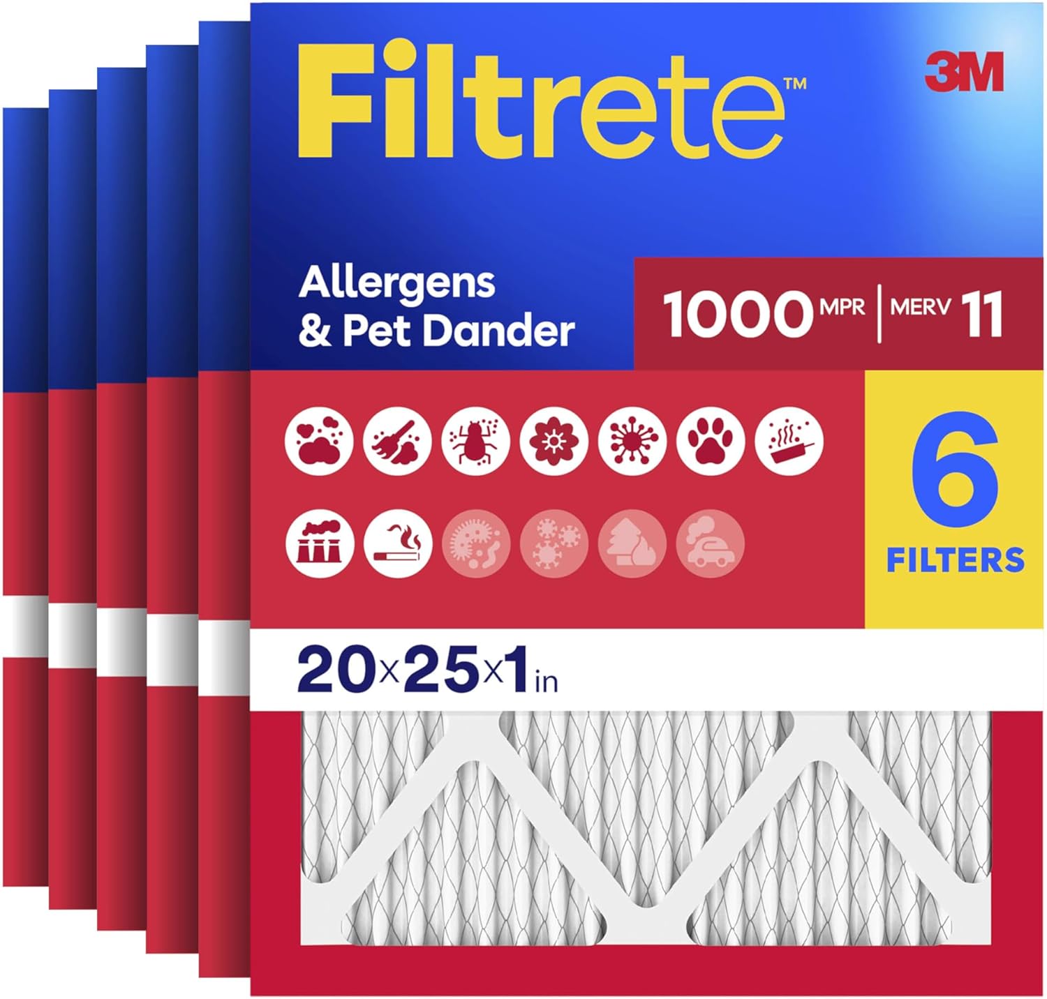 20x25x1 Air Filter, MERV 11, MPR 1000, Allergens and Pet Dander, 3-Month AC and Furnace Filters, Cleaner Air