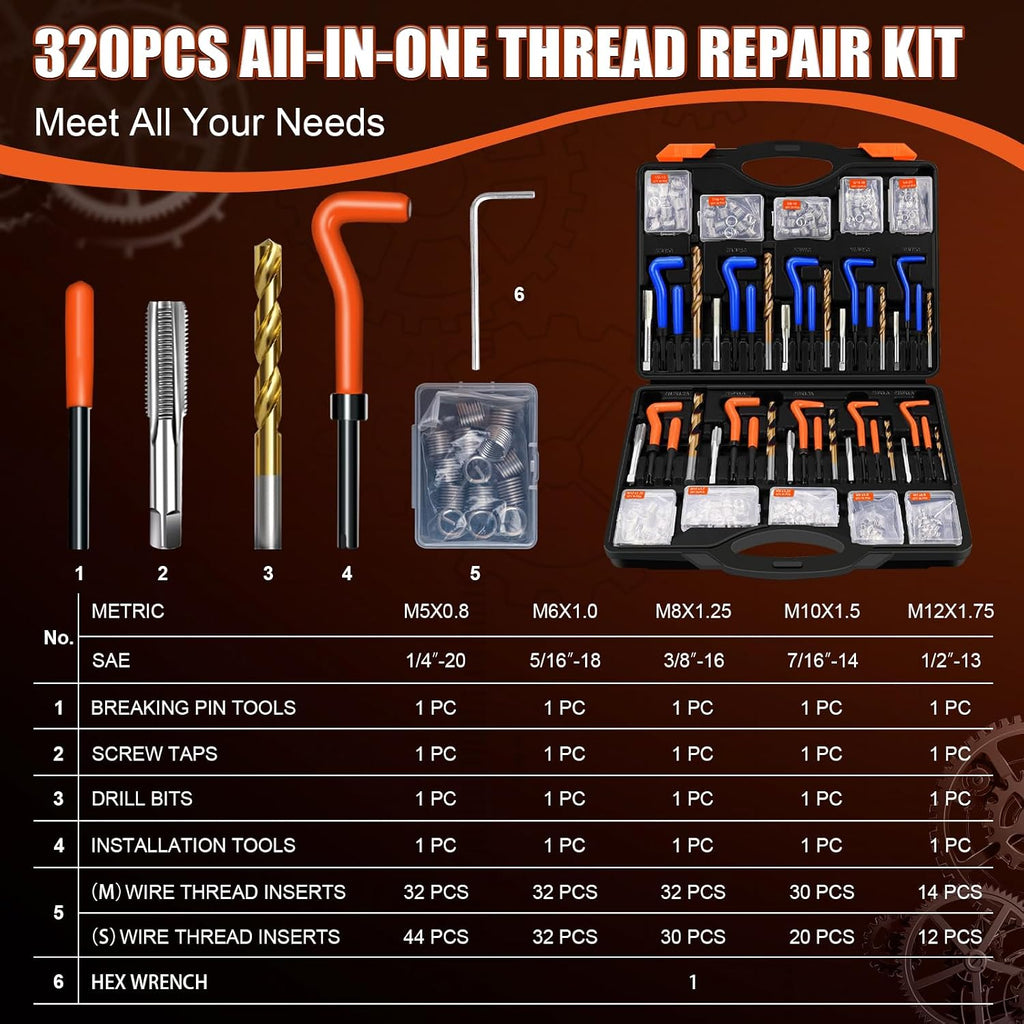 320PCS Helicoil Thread Repair Kit, Metric & SAE Heli Coil Insert Set