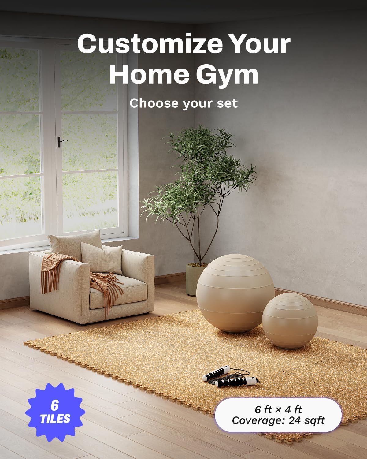 0.79" Thick Gym Flooring for Home Gym, 24 Sq Ft Rubber Top Gym Mat